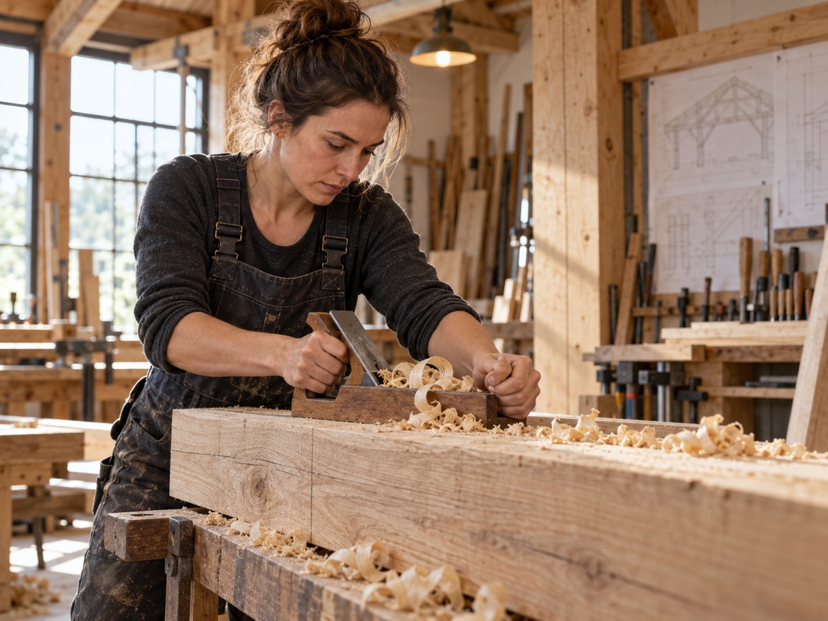 Eine Handwerkerin bearbeitet konzentriert einen Holzbalken in einer Werkstatt